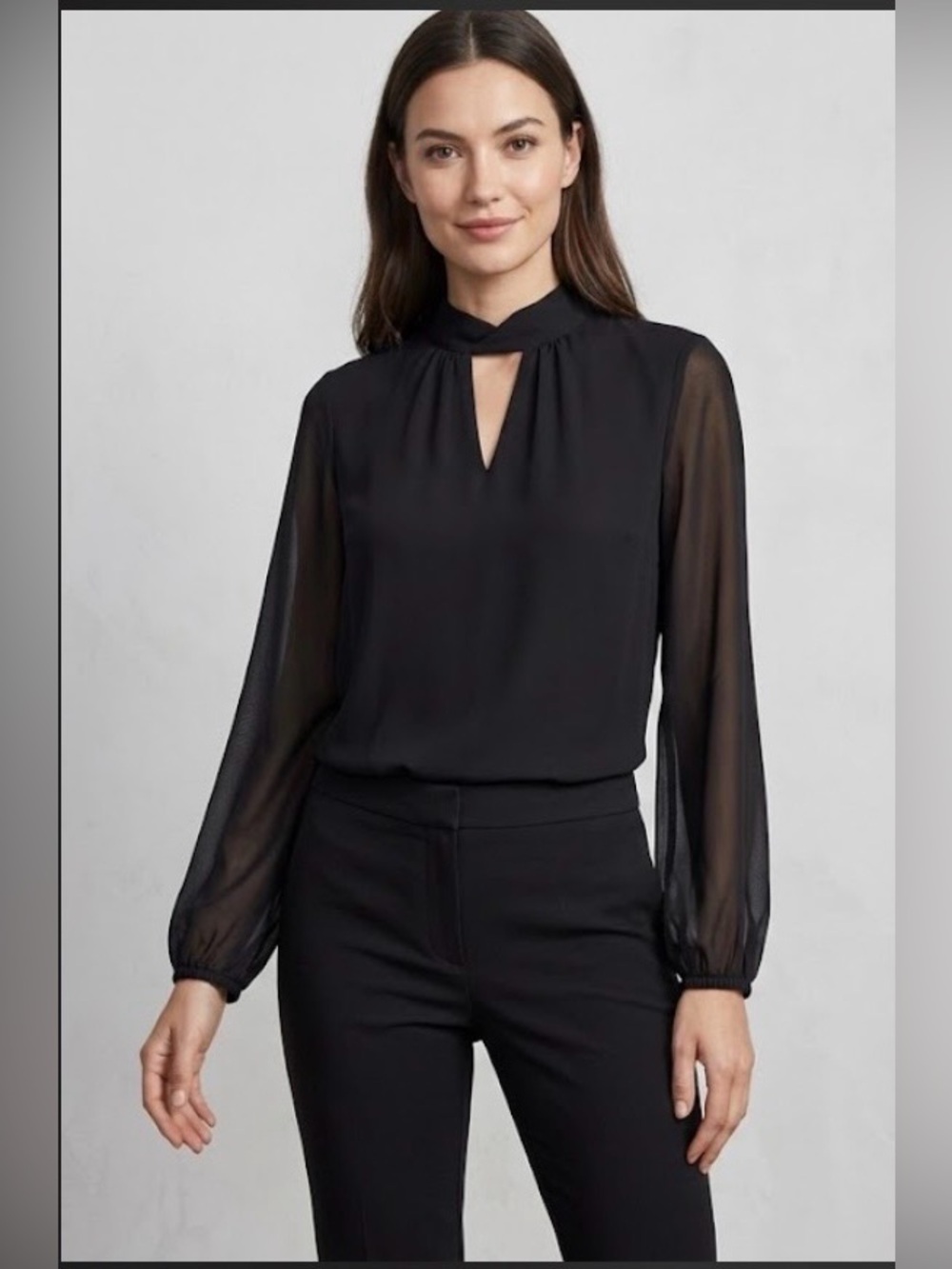 Black High Neck Keyhole Blouse Chiffon Sheer Long Sleeve
